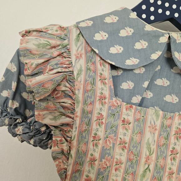 Vintage Ellen Miklas Bunny Jumper Dress Shirt Outfit 3T Pink Blue Cottagecore - Picture 2 of 13